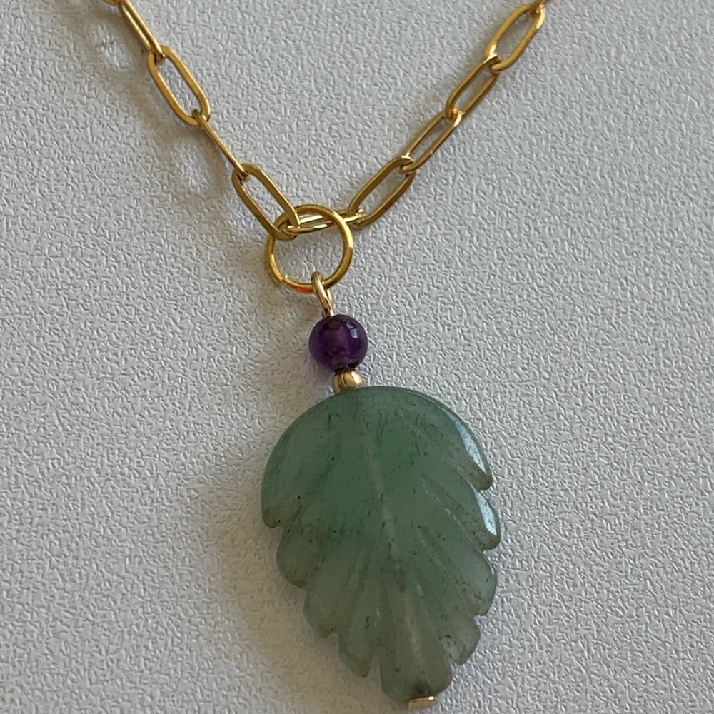 Green Jade Leaf and Amethyst Bead Paperclip 18k Gold Plated Necklace